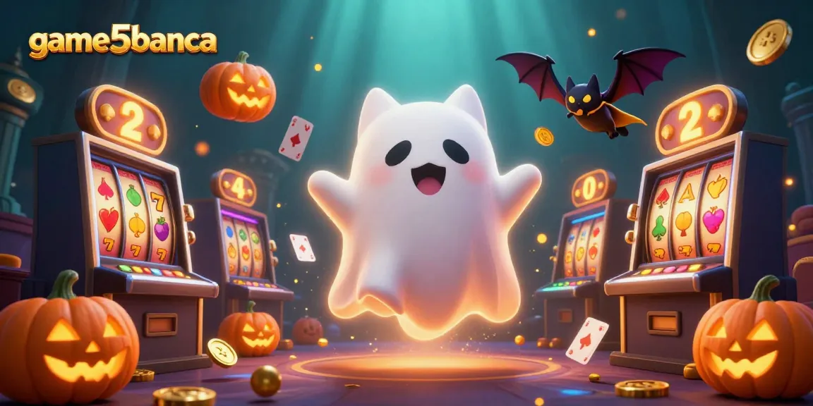 Engage in thrilling gameplay with game5banca as a ghost cat and bat explore a lively haunted casino scene.