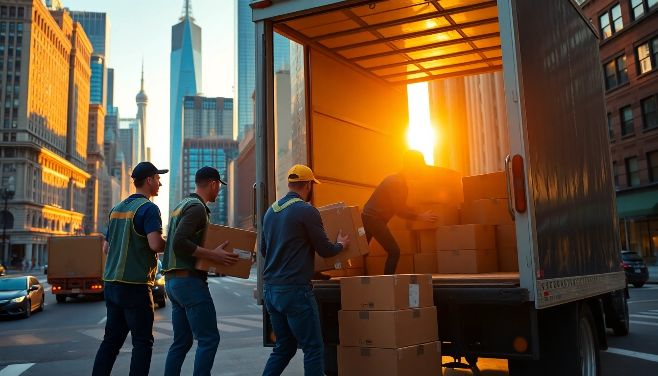Experience efficient moving services manhattan with skilled professionals loading boxes into a truck amidst the NYC skyline.