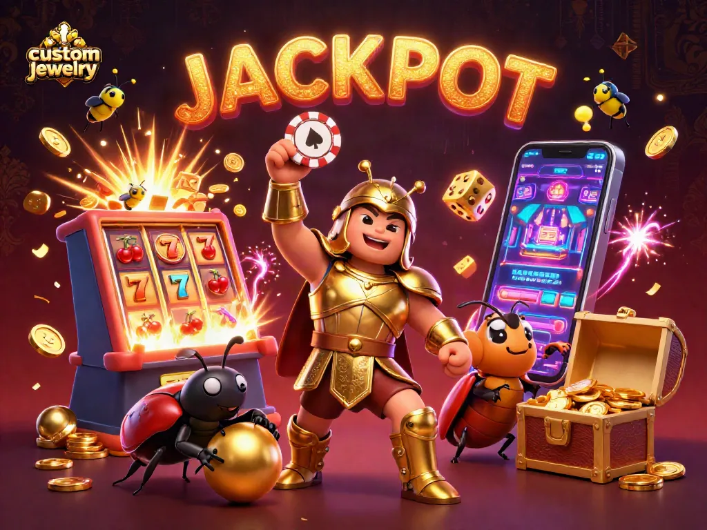 Engaging custom jewelry scene with a victorious beetle and casino elements creating excitement.