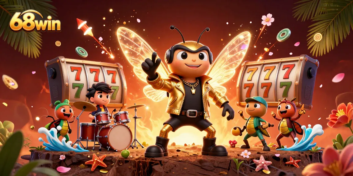 Engage in thrilling gameplay with 68win’s vibrant casino illustration featuring a rock star and lucky symbols.