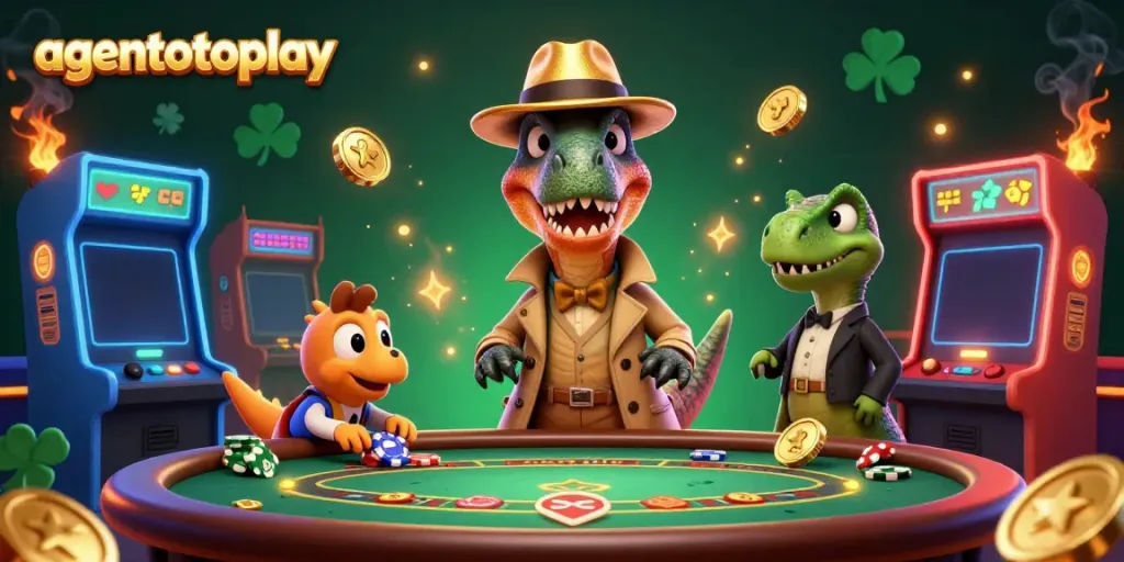 agentotoplay showcase with a velociraptor card counter and dinosaur characters at a casino table.