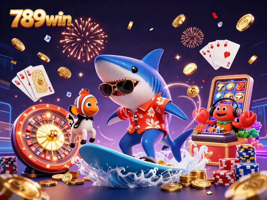 Experience the thrill of 789win with dynamic casino visuals featuring a fun shark surfing on gold coins.
