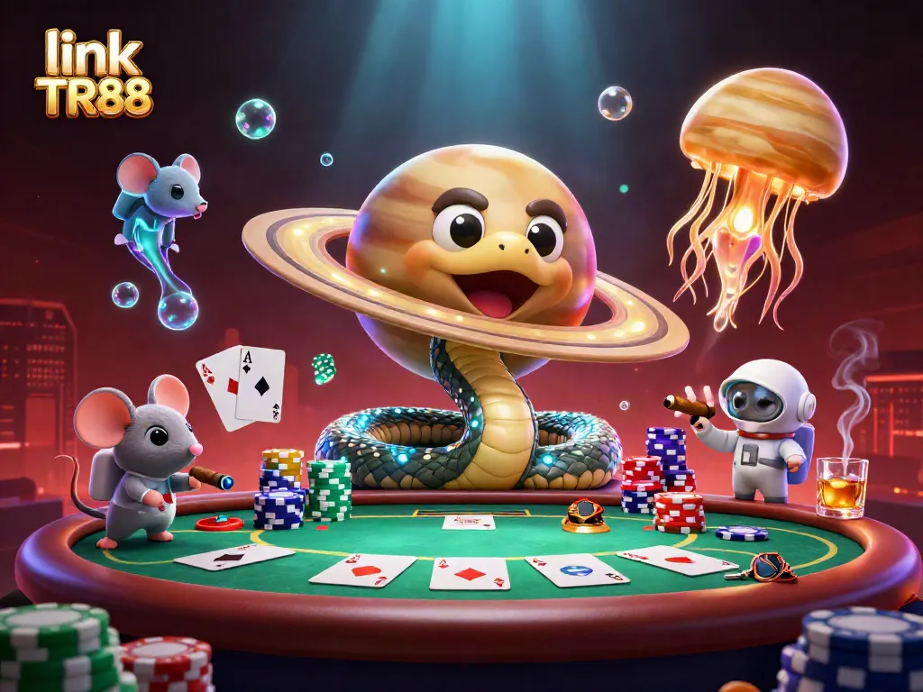 Experience link TR88 as tiny astronaut mice bet on a cosmic roulette wheel, creating a vibrant gaming atmosphere.