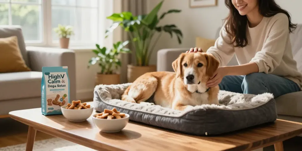 Calming Dog Treats on a coffee table with a relaxed dog in a cozy living room.
