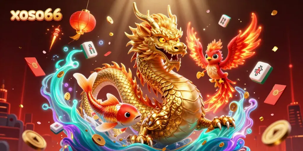 Experience the thrilling action of xoso66 with a dynamic casino scene featuring dragons and coins.
