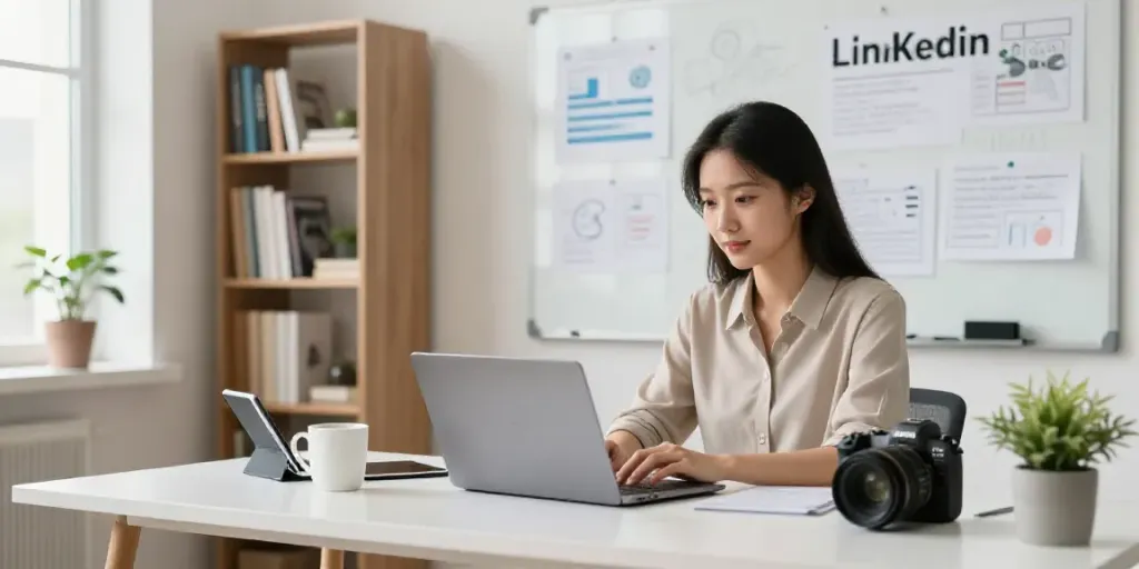 AI LinkedIn posts generator in a modern workspace, showing a strategist at a laptop.