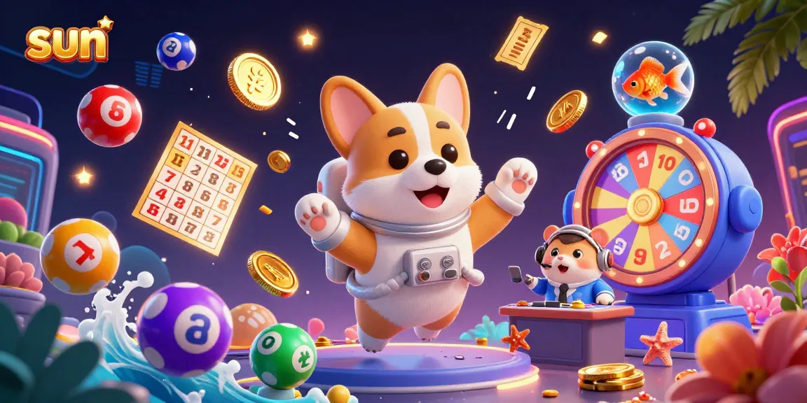 Sun-themed casino illustration featuring dynamic gambling elements with poker chips and lottery balls.