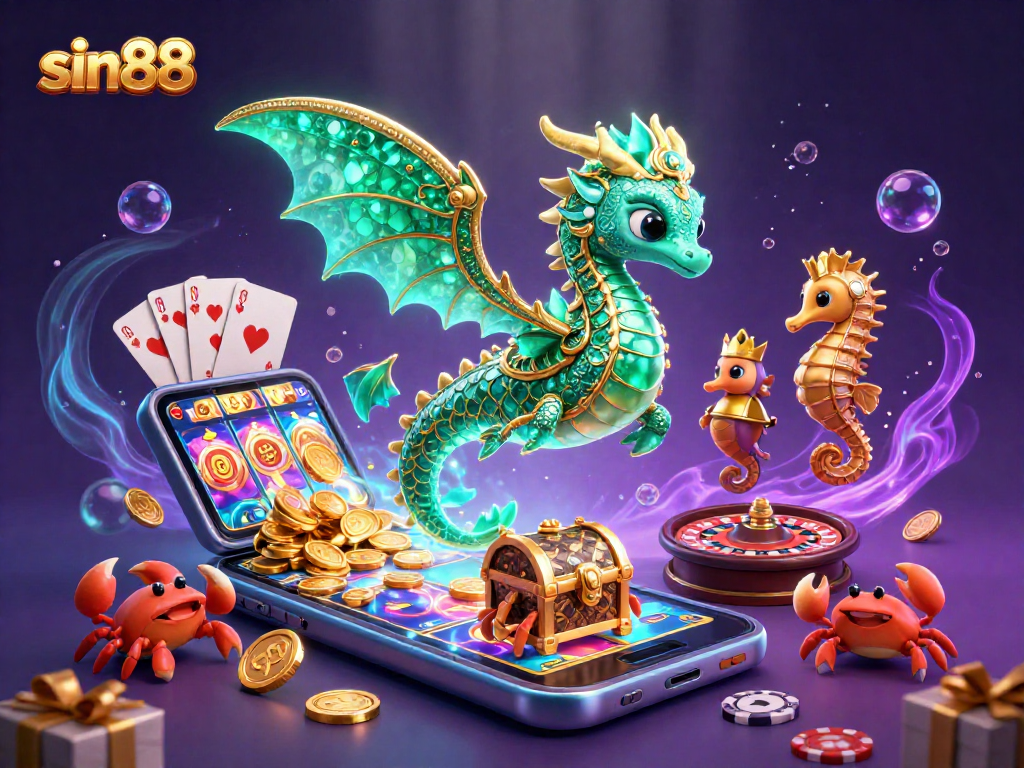 Experience thrilling action with sin88 as a fantasy sea dragon guards a treasure of casino delights.
