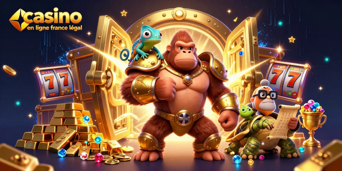 Jeu captivant au casino en ligne France légal, illustrant un roi gorille et un caméléon.