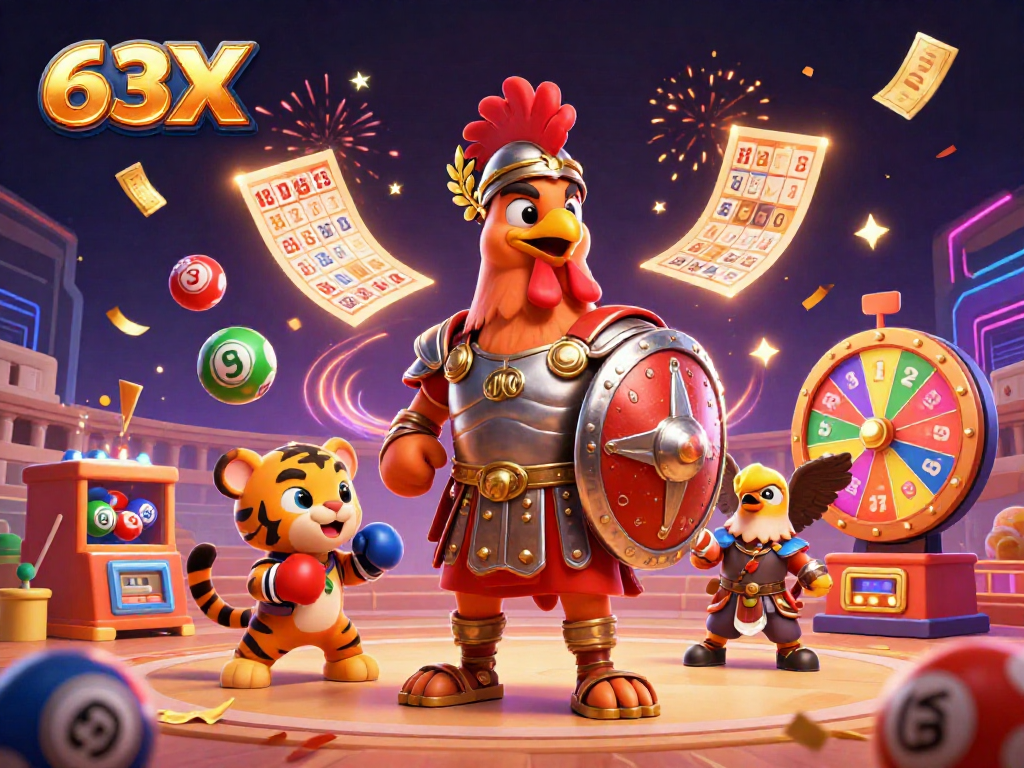 Jogando com 63X, uma ilustração vibrante de cassino com personagens 3D e elementos de sorte!
