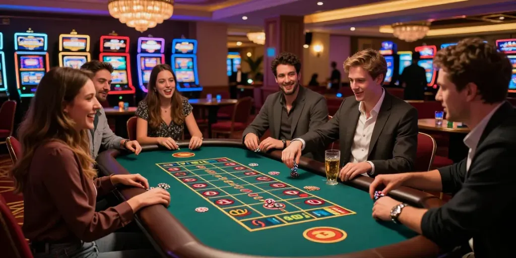 Gambling friends enjoying the excitement of roulette at plustoto4dbigwin.uk.com casino, vibrant atmosphere.