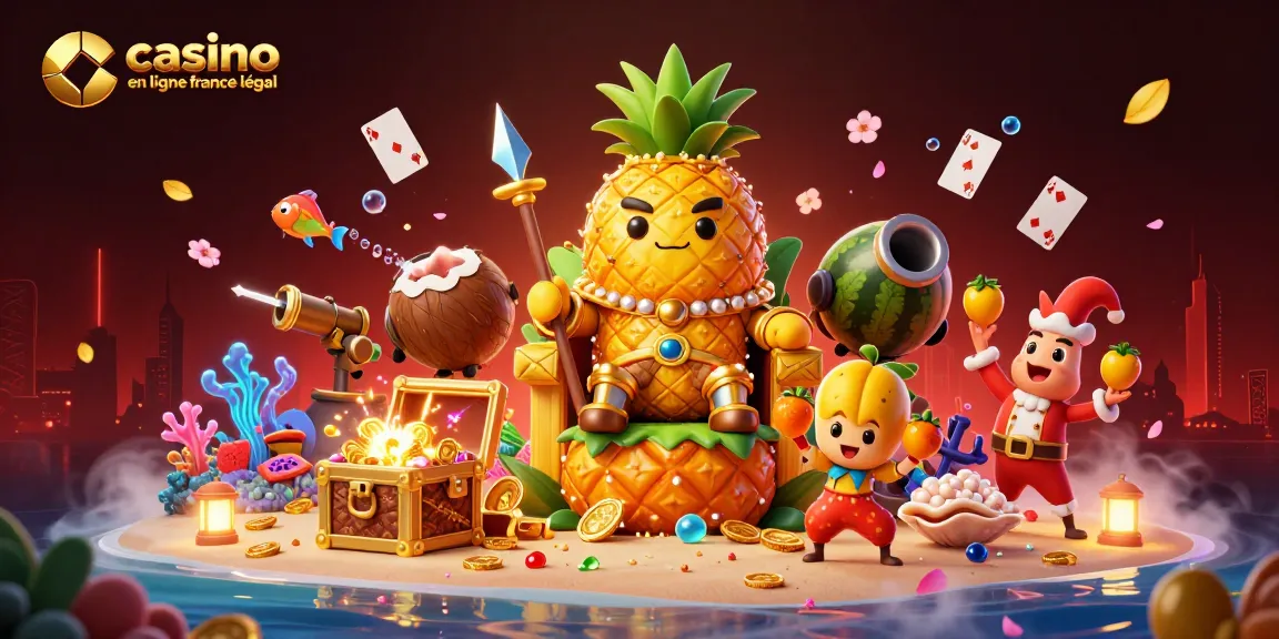 Profitez d'un casino en ligne France légal avec le roi ananas et divers jeux captivants en arrière-plan.