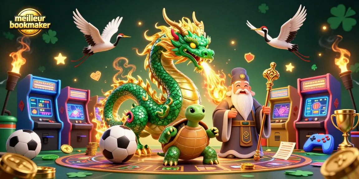 Plongez dans le monde des paris avec le meilleur bookmaker, illustré par un dragon majestueux et des éléments de jeu.