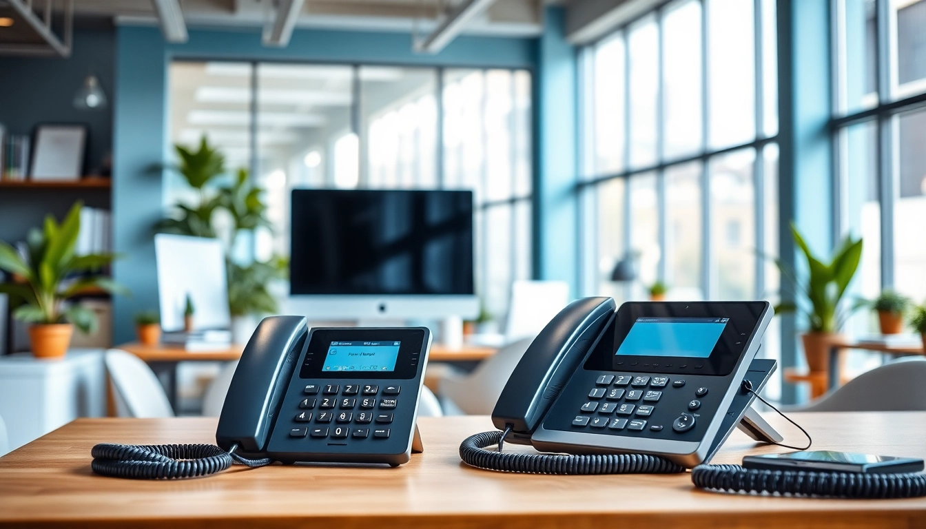 Showcasing office phone systems integrated into a modern workspace, emphasizing productivity.