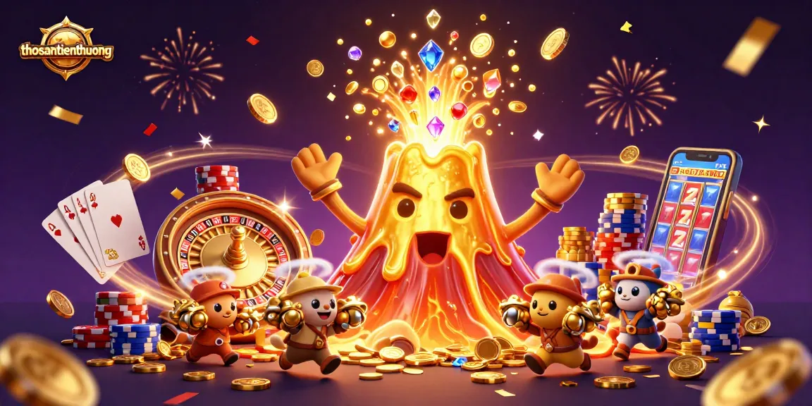 Play thosantienthuong with excitement, featuring a golden volcano erupting treasures amidst a vibrant casino scene.