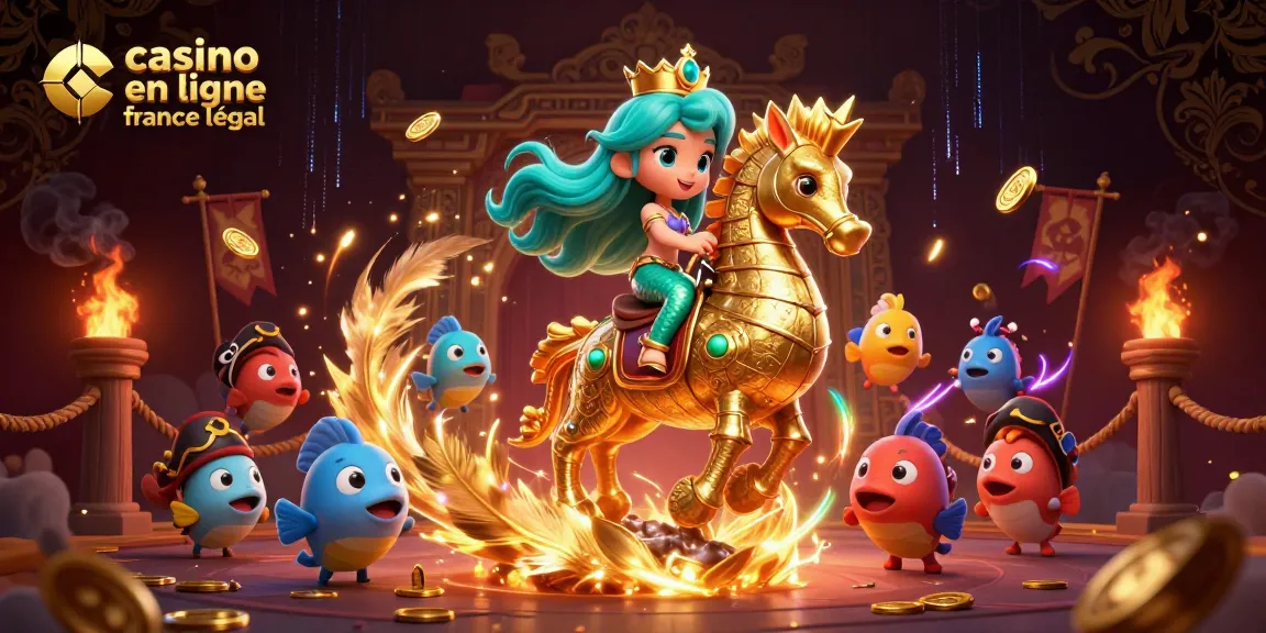 Une illustration captivante représentant le casino en ligne France légal avec une princesse sirène et un hippocampe.