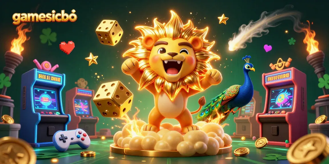 Experience excitement with gamesicbo through glowing dice and a roaring lion in a vibrant casino scene.
