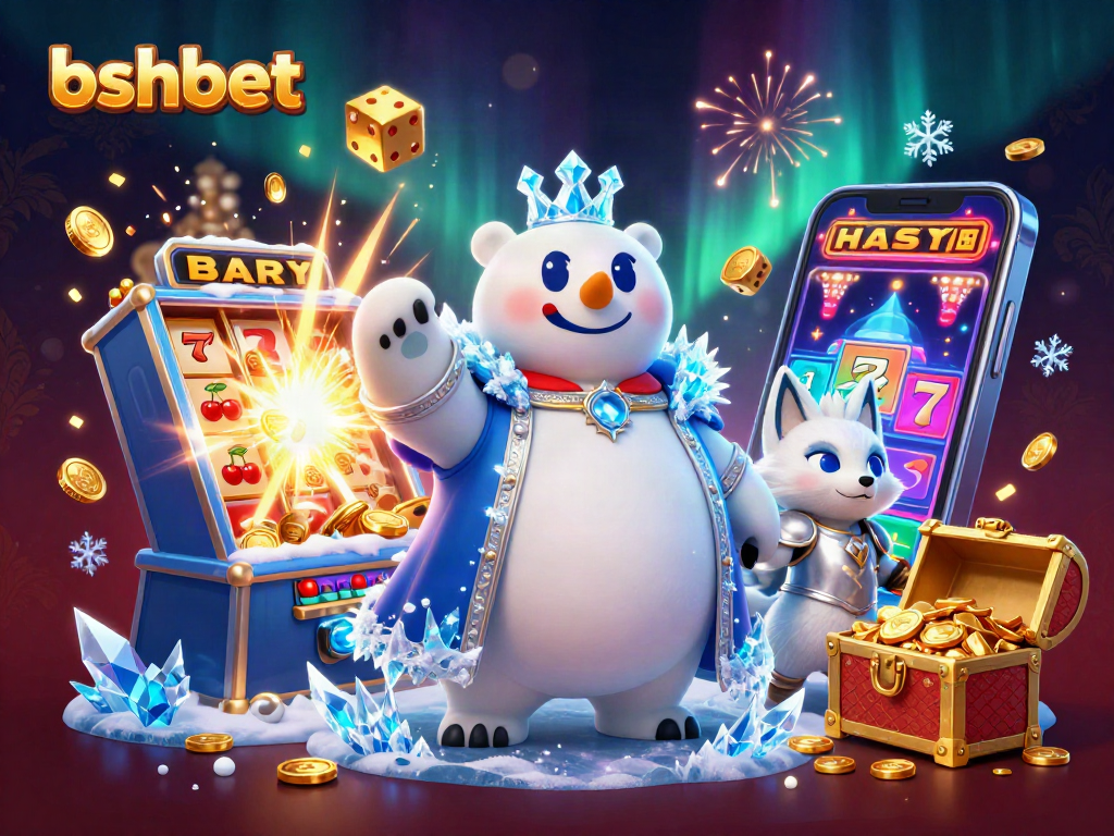 Engaging bshbet 3D casino scene showcasing the ice king and snow fox with a jackpot slot explosion.