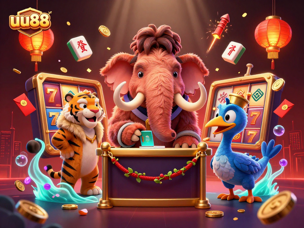 Experience the thrilling atmosphere of uu88 with a cartoon 3D casino scene featuring a mammoth bouncer, saber-tooth guest, and dodo doorman.