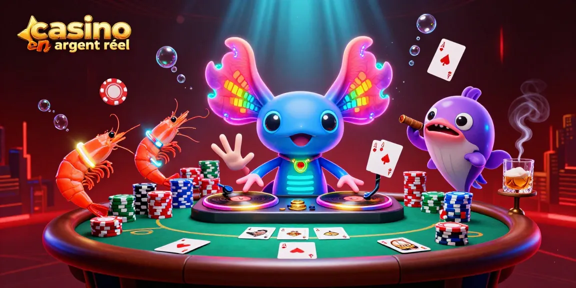 Animation de personnage coloré mettant en scène un casino en ligne argent réel avec des cartes de poker.