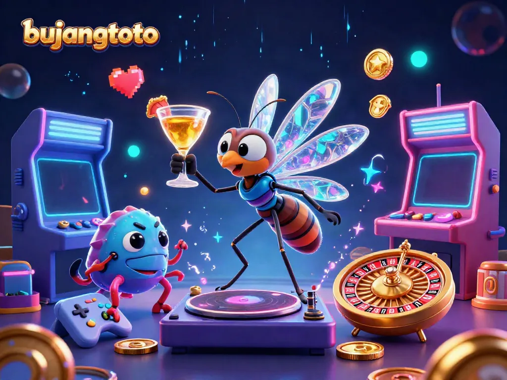 Bujangtoto casino illustration featuring a frozen mosquito mascot, trilobite DJ, and golden roulette wheel in a vibrant gaming scene.
