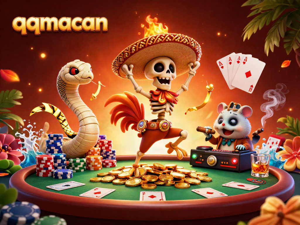 Experience thrilling action at qqmacan with a 3D cartoon casino scene filled with vibrant characters and gambling elements.