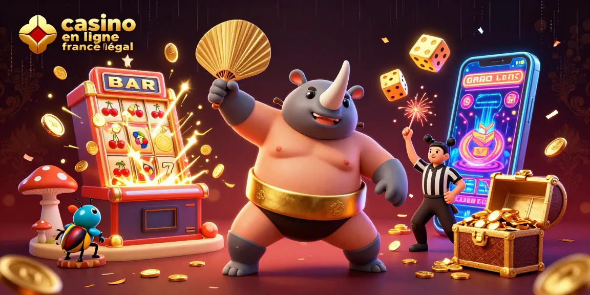 Visitez le casino en ligne légaux en France avec le champion rhinocéros jouant et des symboles de jackpot, attirant les gagnants.