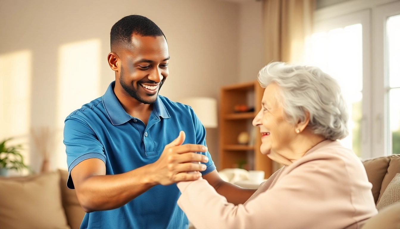 Family caregiver providing a break in home care by assisting an elderly individual with a warm smile.