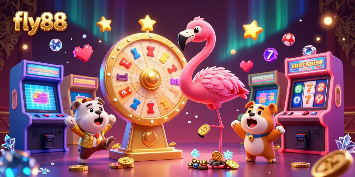 Engage with fly88 in a vibrant casino scene featuring dynamic characters, slot machines, and prizes.