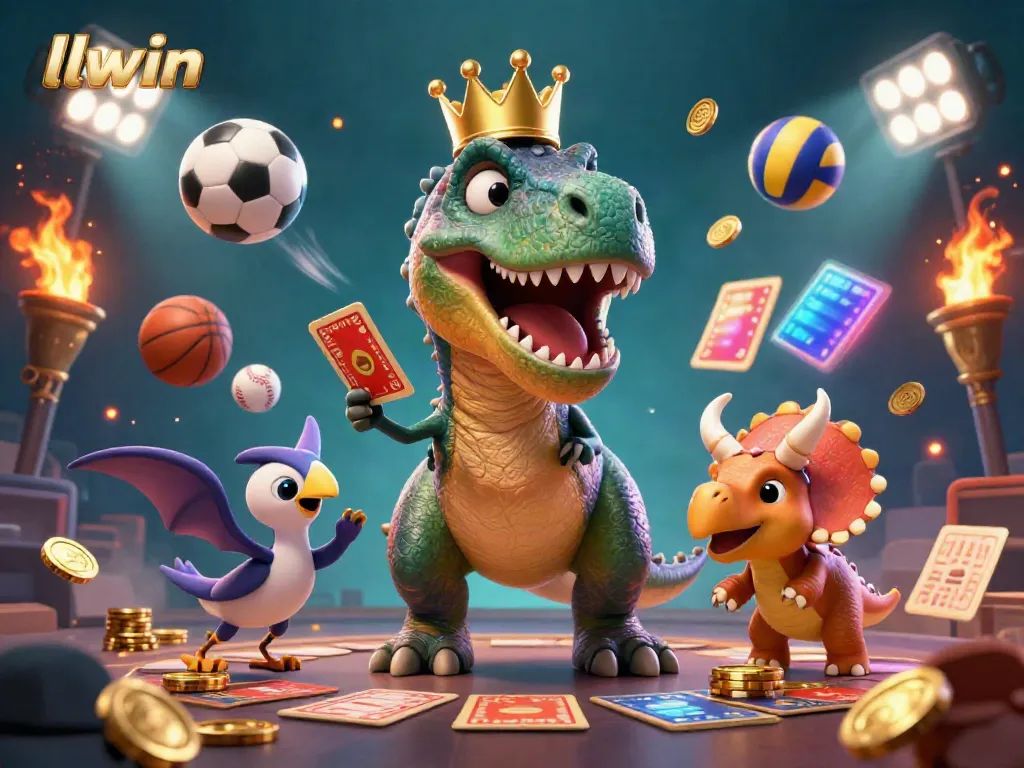Engage with the thrilling energy of llwin as a T-Rex plays cards and a triceratops stacks chips in this vibrant casino scene.