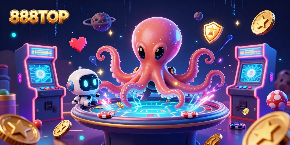 Experience thrilling gameplay at 888TOP with an alien octopus at a holographic poker table surrounded by dynamic casino elements.