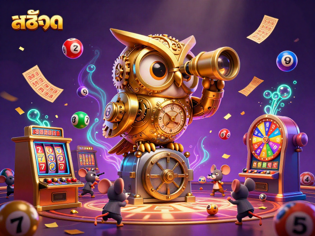Experience the thrill of สล็อต with a lively scene featuring a cartoon golden owl and playful slot machines.