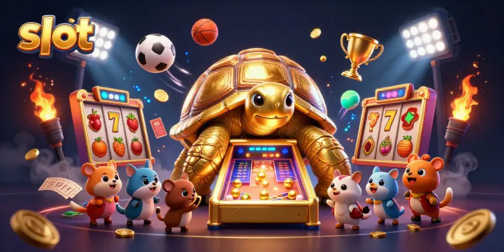 Slot mesin yang menarik dengan kura-kura emas, bola kemenangan, dan simbol buah yang berkilau.