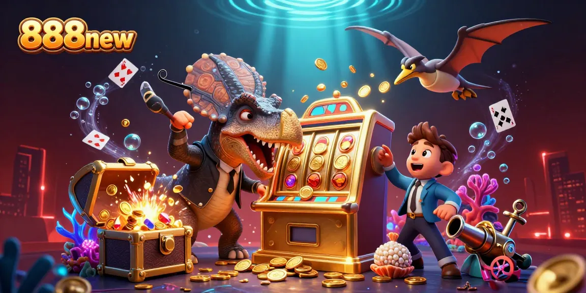 Experience the excitement of 888new as a pachycephalosaurus wins jackpots while coins fly in a dynamic casino scene.