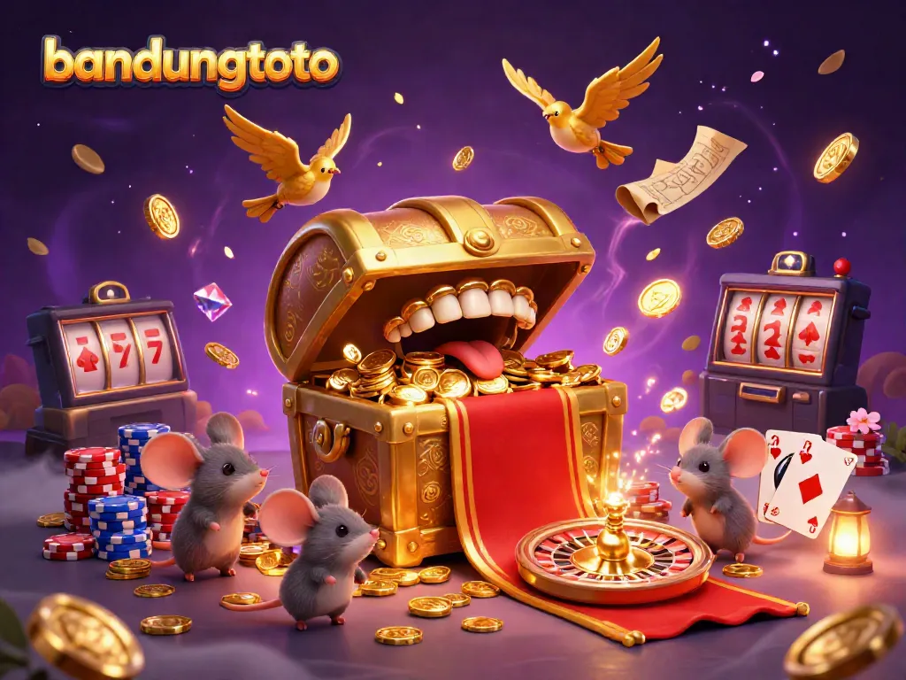 Experience the excitement of bandungtoto with a treasure chest and adventure mice in a vibrant casino scene.