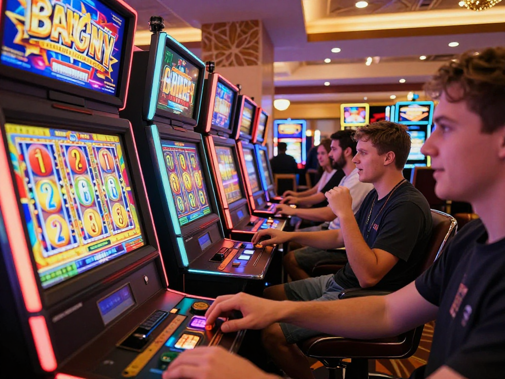 Pengalaman bermain slot88 di mesin slot modern dengan suasana kasino yang meriah.