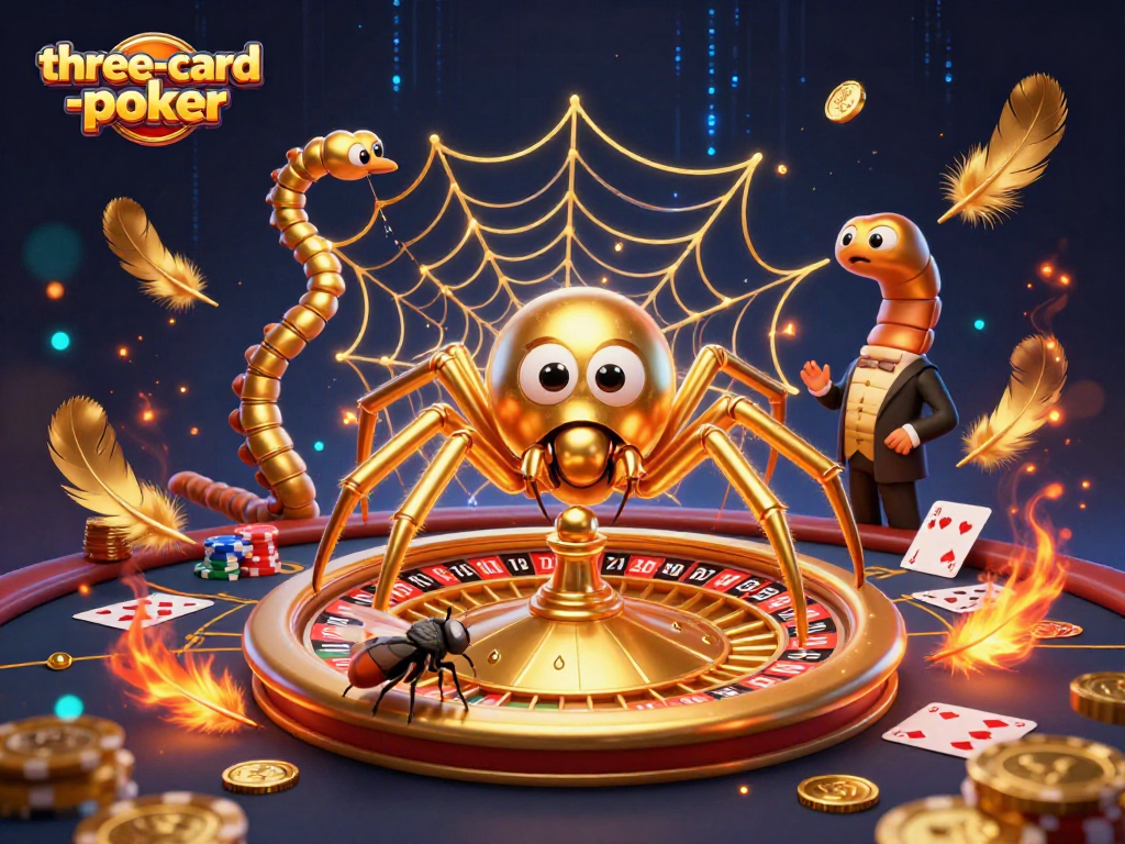 Play three-card-poker with excitement as a golden spider spins a roulette web while a fly bets.