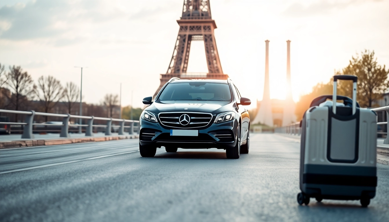Luxury vehicle for Orly Airport to Paris Transfer ready with Eiffel Tower in background.