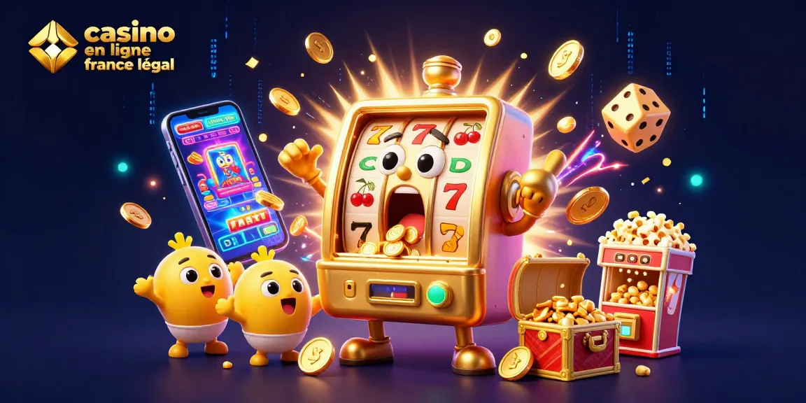 Vue d'une machine à sous dorée avec des pièces qui jaillissent, représentant le casino en ligne France légal.