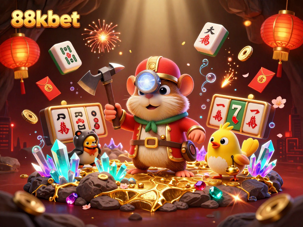 Join the excitement at 88kbet with a cartoon mole mining treasure amidst vibrant gambling elements.