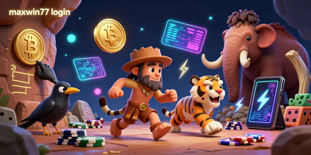 Engage with maxwin77 login at a vibrant casino scene featuring animated prehistoric characters and cryptocurrency elements.