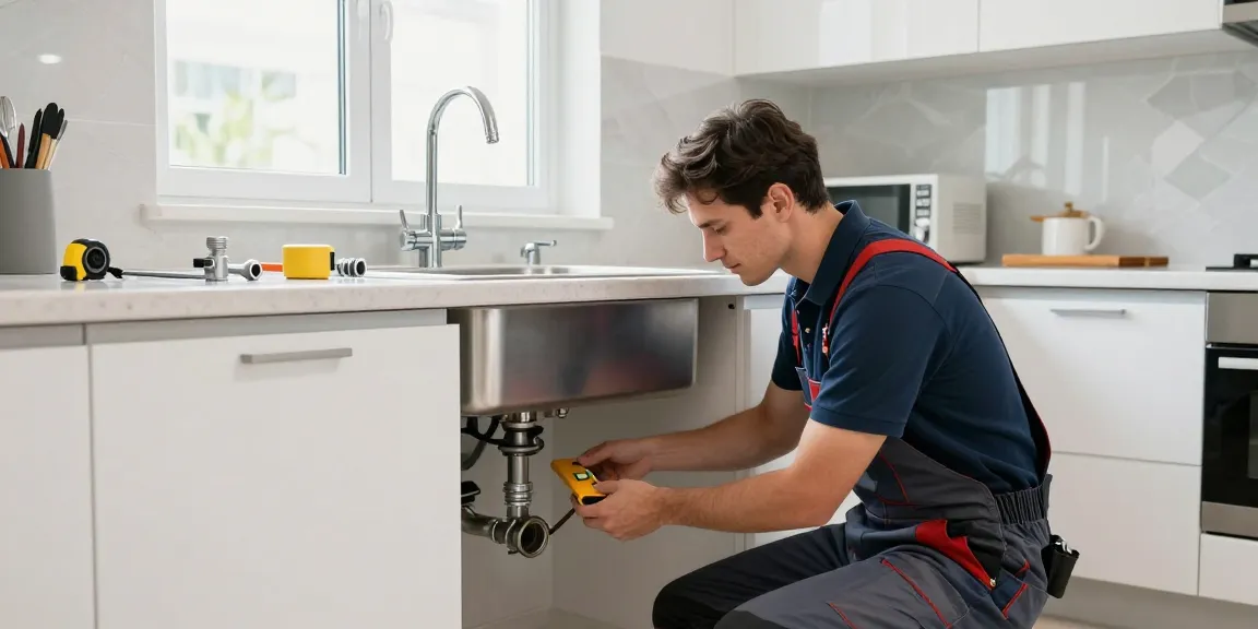 Plumber from fuzzmanta.com installing pipes in a modern kitchen