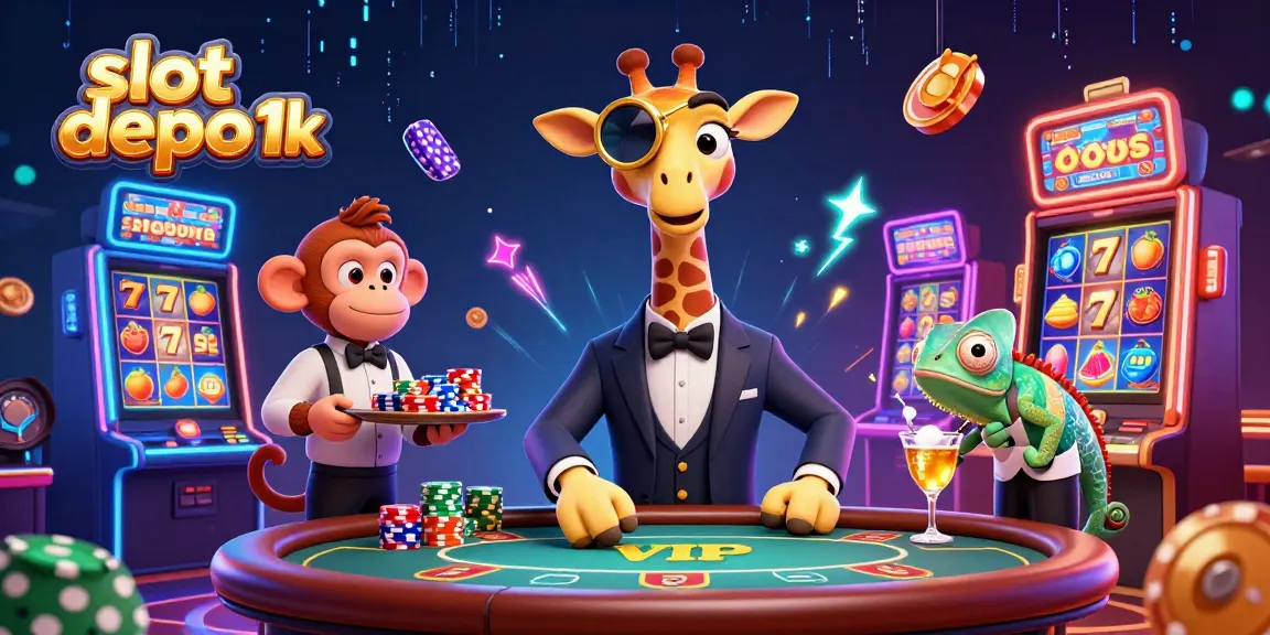 Slot depo 1k menyajikan ilusi 3D dengan giraffe berkelas di meja poker dan mesin slot yang berkilau.