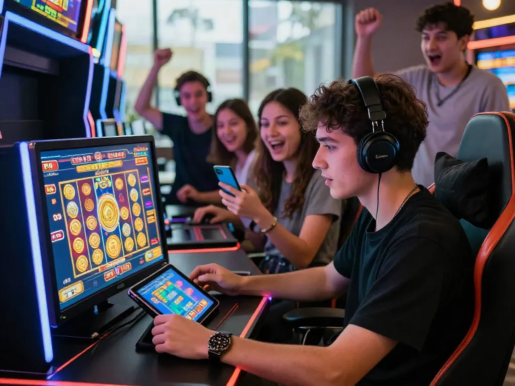 Engaging online gaming scene showing slot gacor excitement with vibrant graphics and friends celebrating wins.