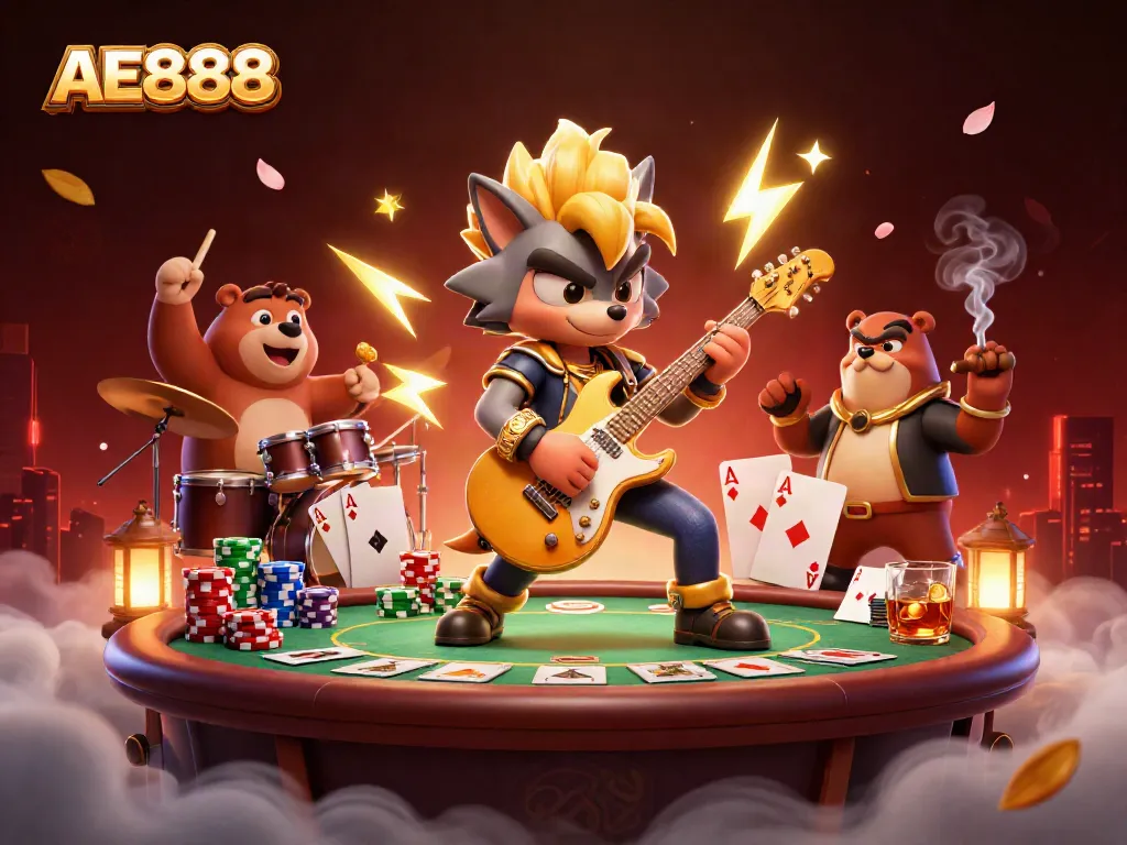 Experience the thrilling AE888 casino atmosphere with a vibrant rock star wolf and drummer bear in action.