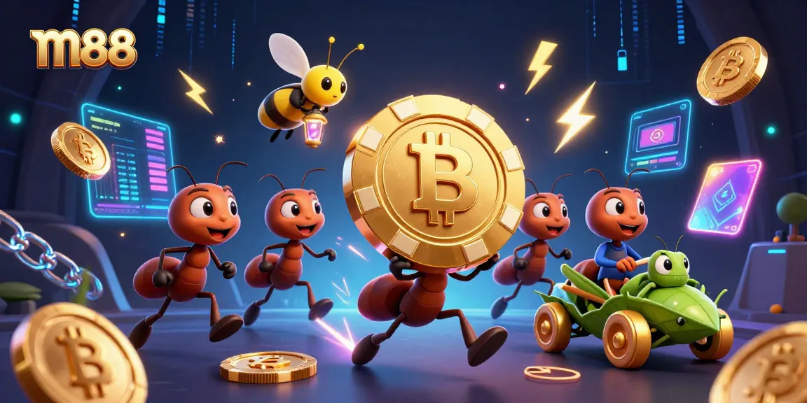 M88: Ants execute a heist in a vibrant casino backdrop, showcasing golden chips and crypto elements.