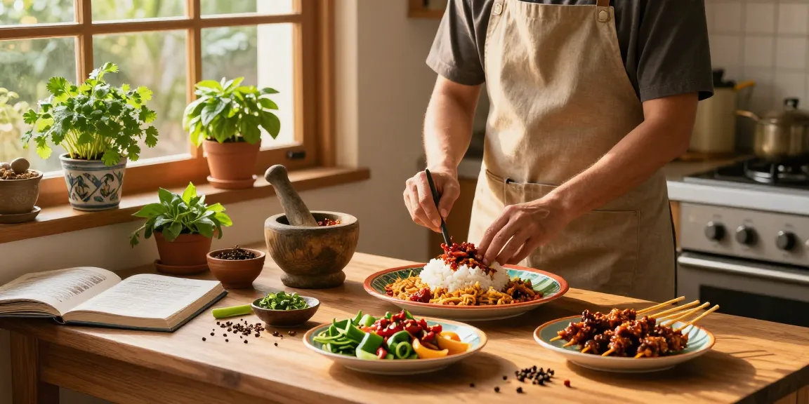 Memasak di dapur dengan situs epictoto sebagai referensi, hidangan nasi goreng dan sate terlihat.