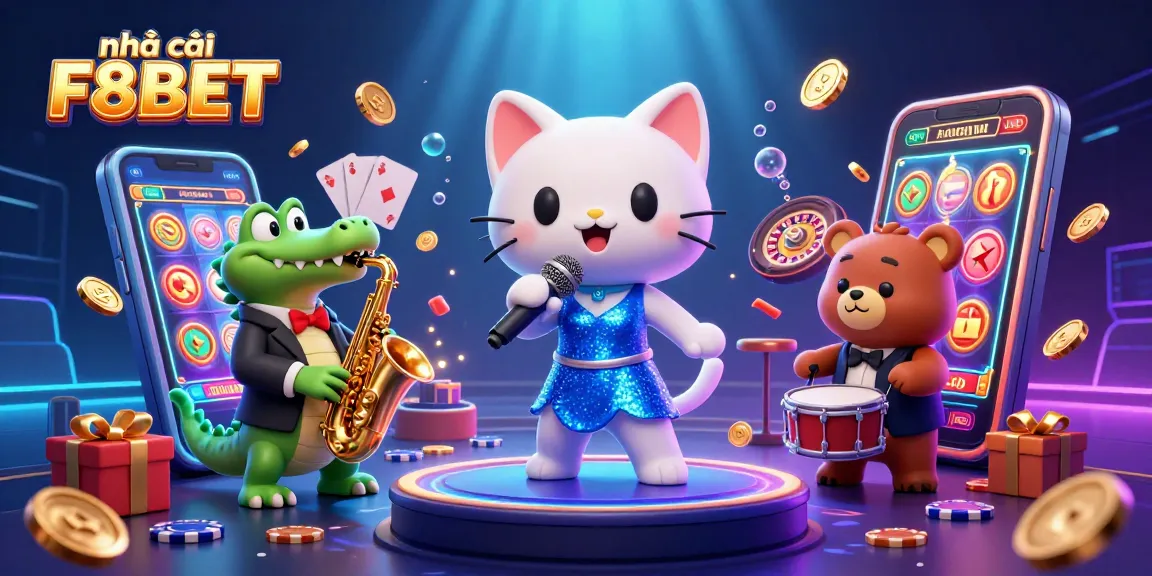 Engaging depiction of nhà cái F8BET showcasing a lively casino scene with cartoon characters and dynamic gaming elements.
