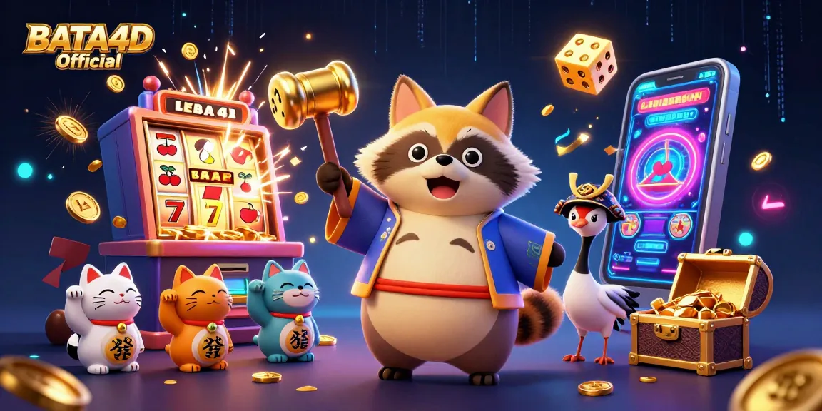 BATA4D Official showcases a cheerful tanuki in a festival outfit beside a giant slot machine bursting with coins and lights.