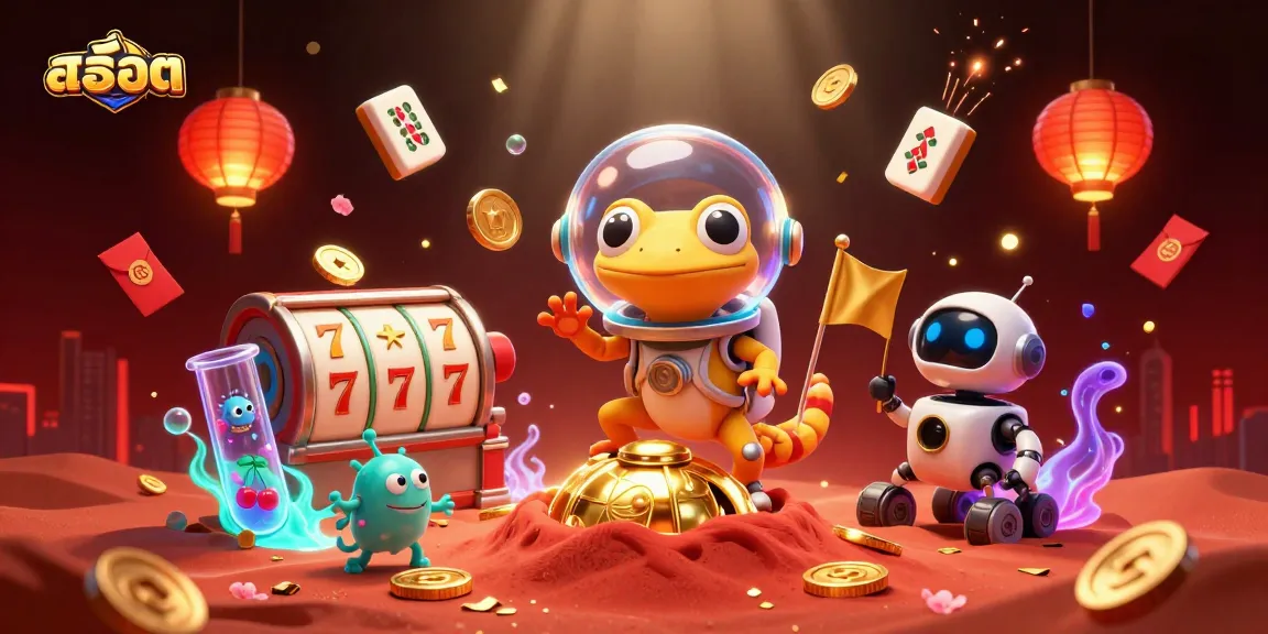 Engage in exciting สล็อต gameplay with a Martian gecko uncovering golden treasures in a vibrant casino.